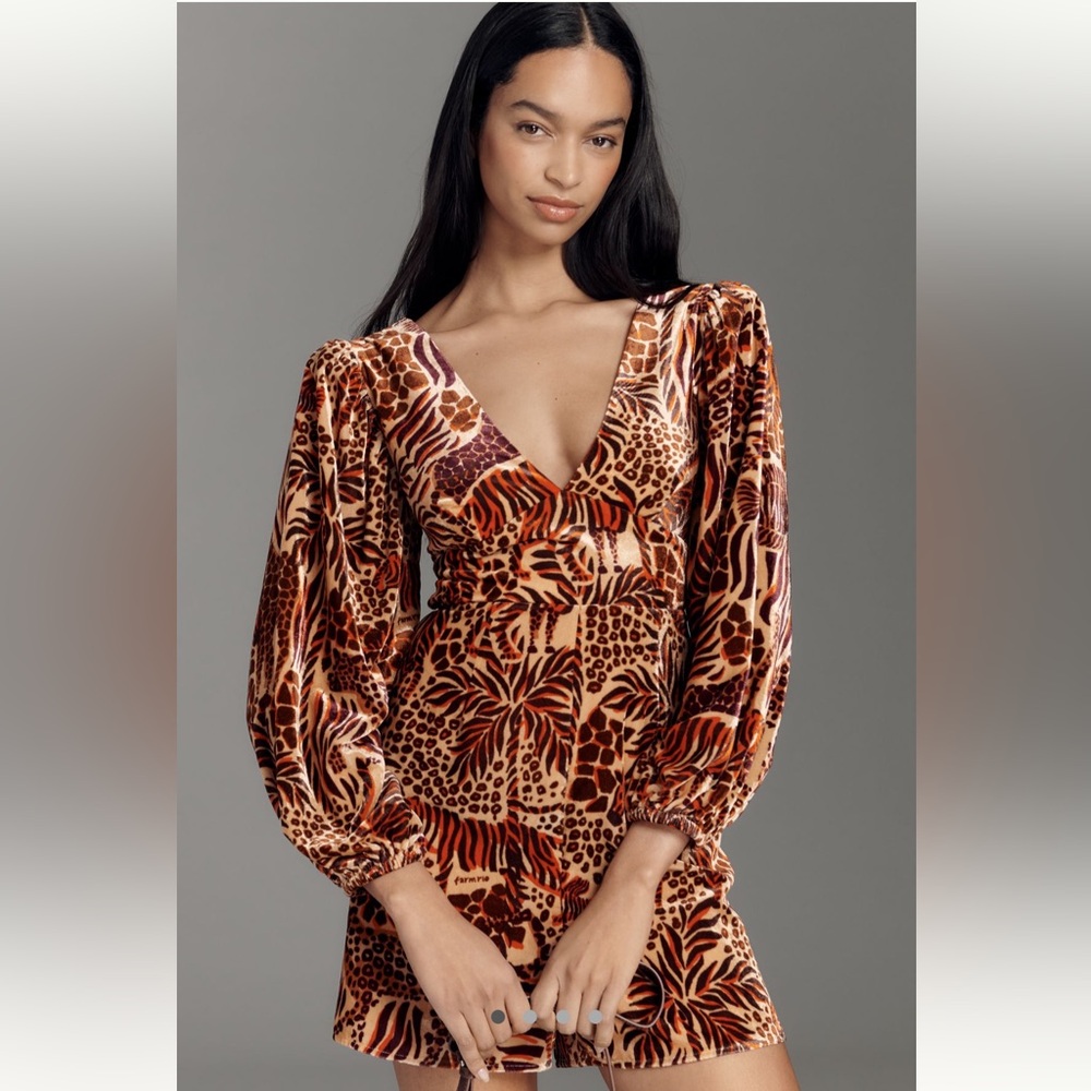 Farm Rio x Anthropologie Long Sleeve Printed Romper | Safari Sand | Large | NWT